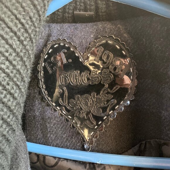 Guess Women's Blue Black Plaid Double Breast Wool Pea Coat Knit Collar Military - Picture 9 of 16